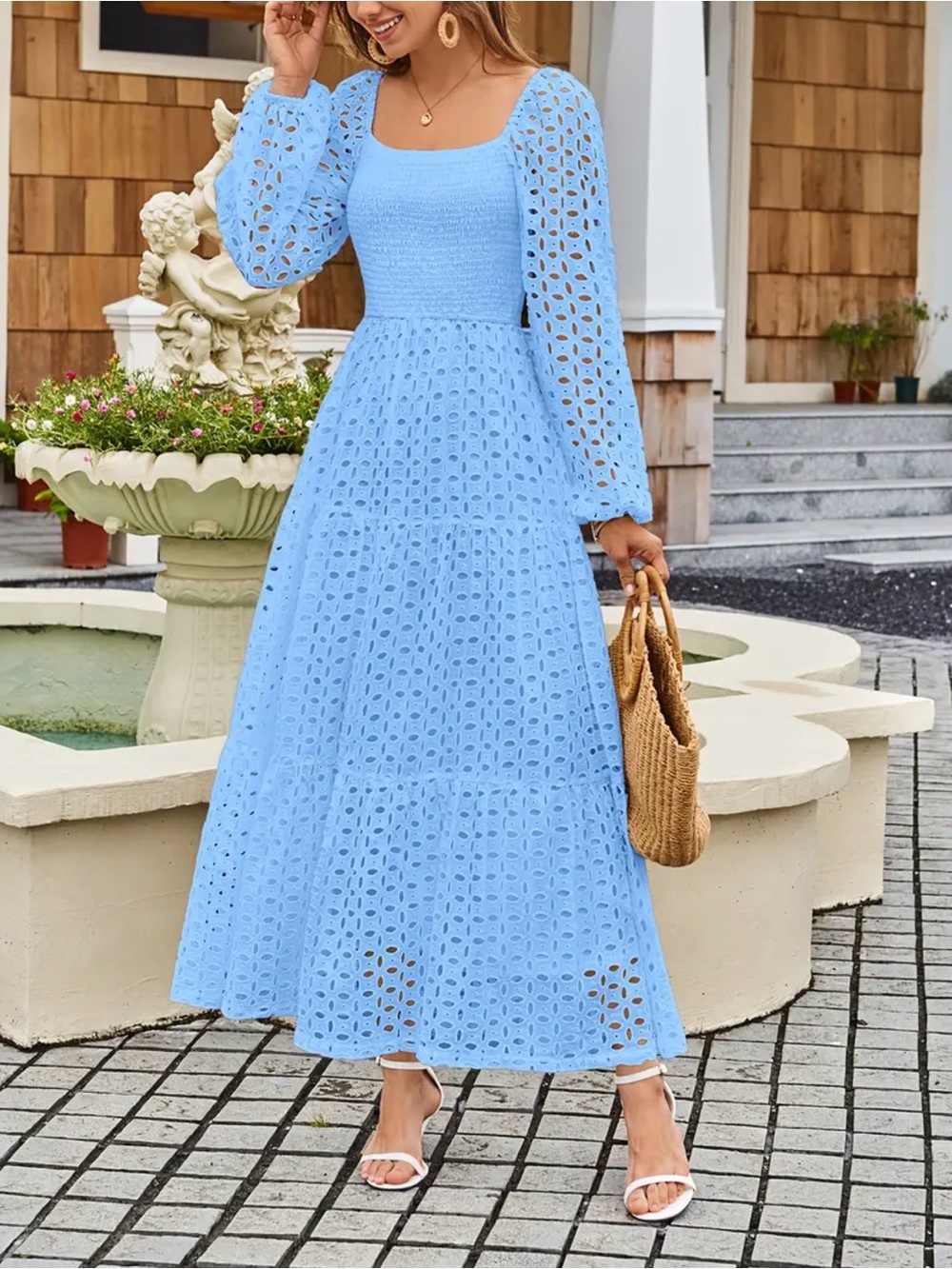 Women's Light Blue Crochet Maxi Dress with Square Neck